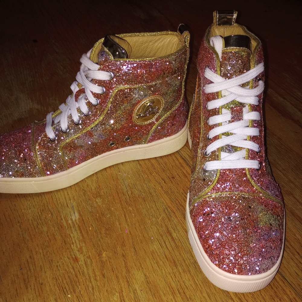 Christian Louboutin High Cut Sneakers Louis Flat Multicolor Sparkly Silver 43